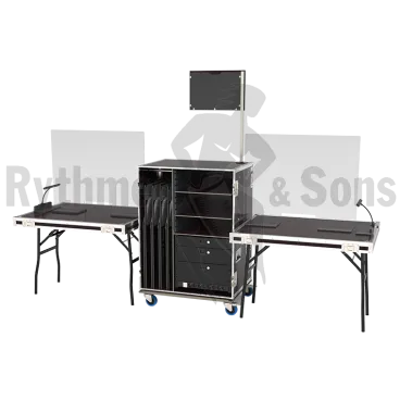 Flight case for reception with 2 tables and storage